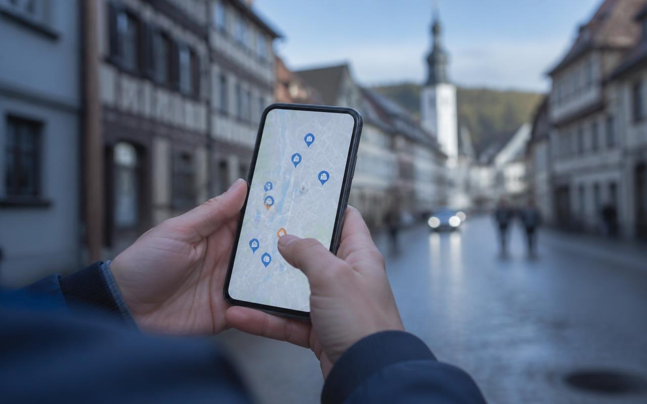 Person sucht auf dem Smartphone nach lokalen Unternehmen in einer deutschen Innenstadt