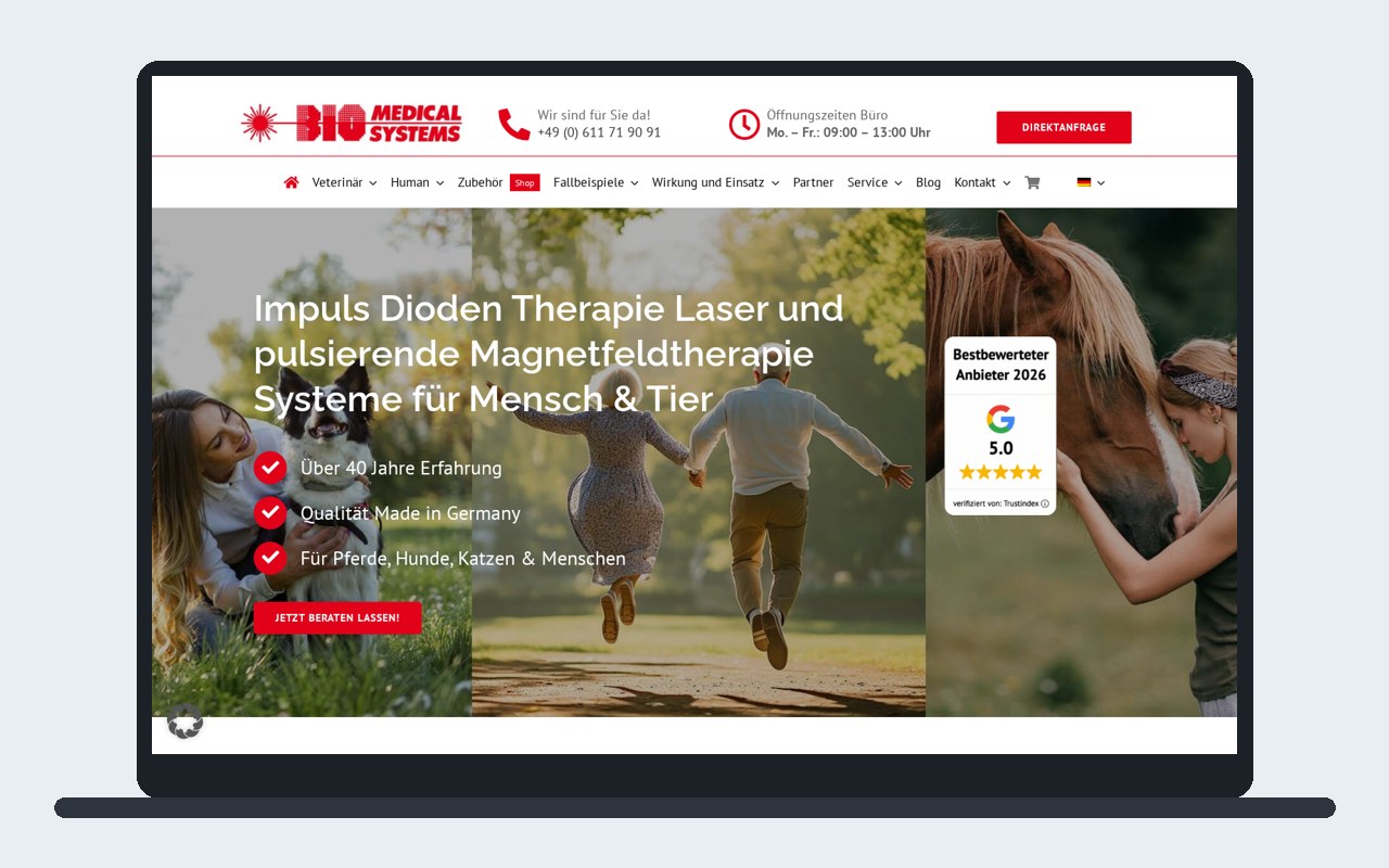 Startseite der Website von Bio-Medical Systems auf einem Laptop dargestellt