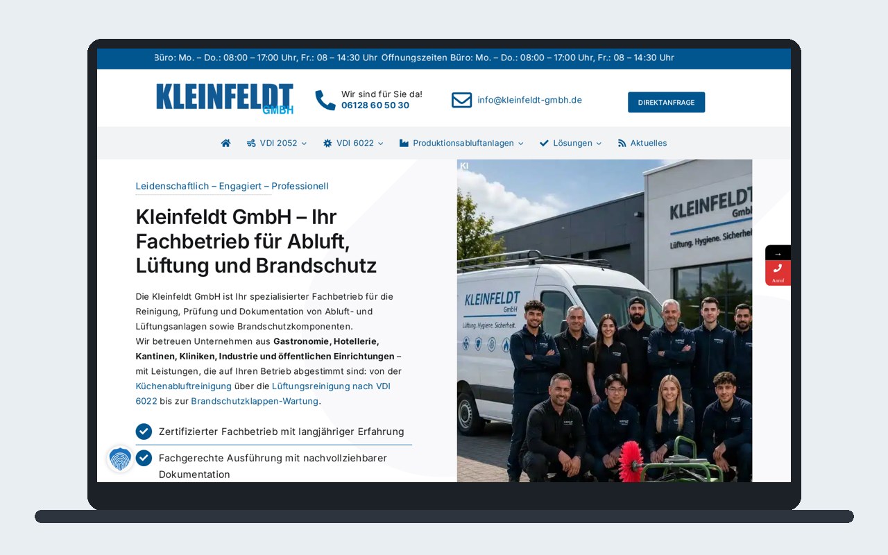 Startseite der Website der Kleinfeldt GmbH auf einem Laptop dargestellt