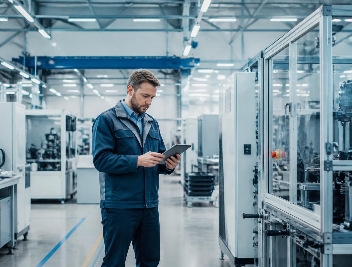 Techniker mit Tablet in einer modernen Industriefertigung