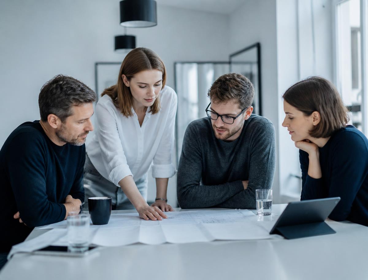 Team eines mittelständischen Unternehmens bei einer Besprechung